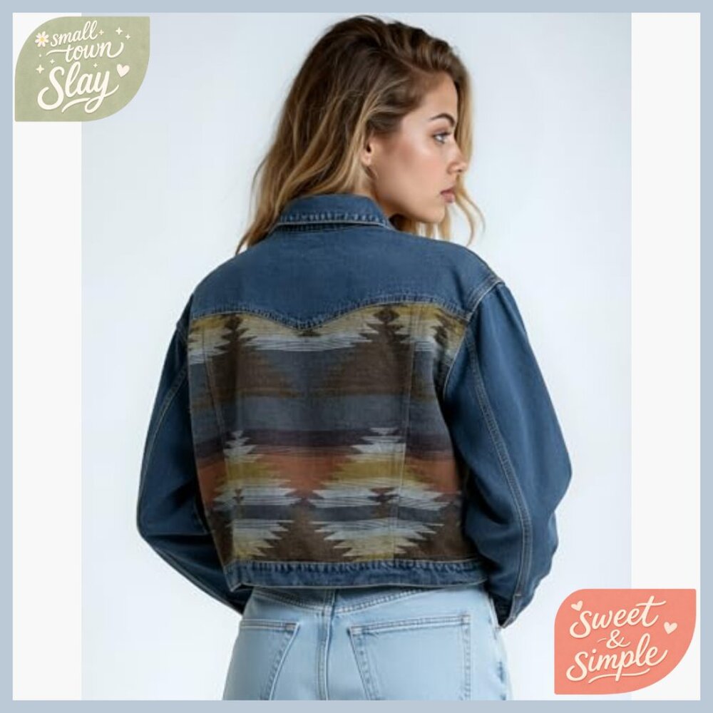 Cropped Denim Jacket with Tribal Patchwork Design… - image 5